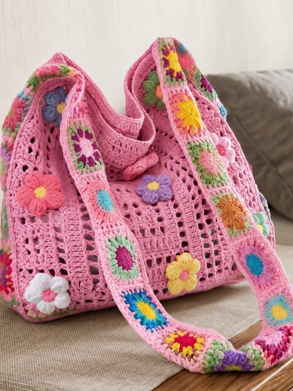 Crochet Flower Tote, Granny Square Shoulder Bag, Boho Knit Handbag, Color Pink